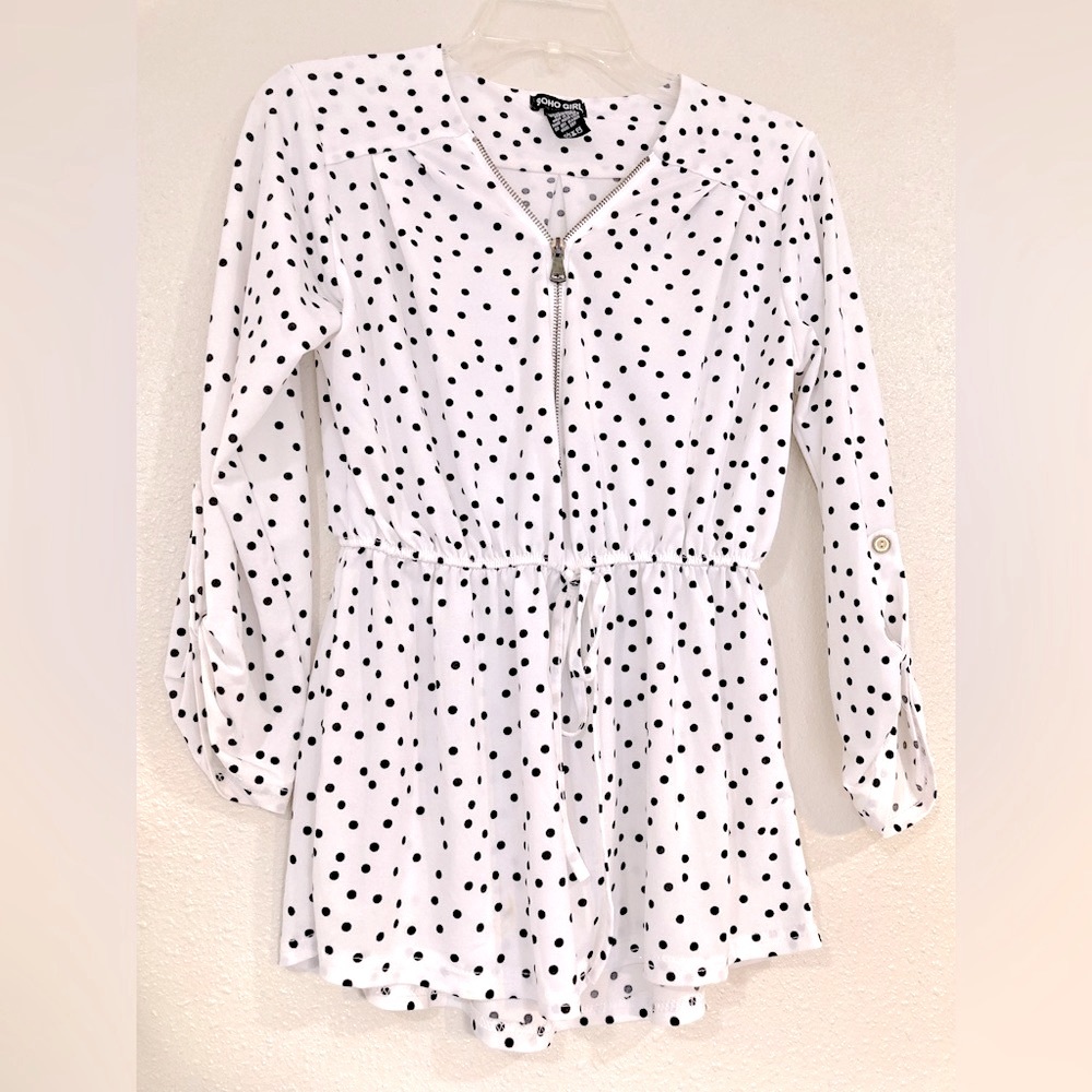 Boho girl white and black polka dot monochrome blouse